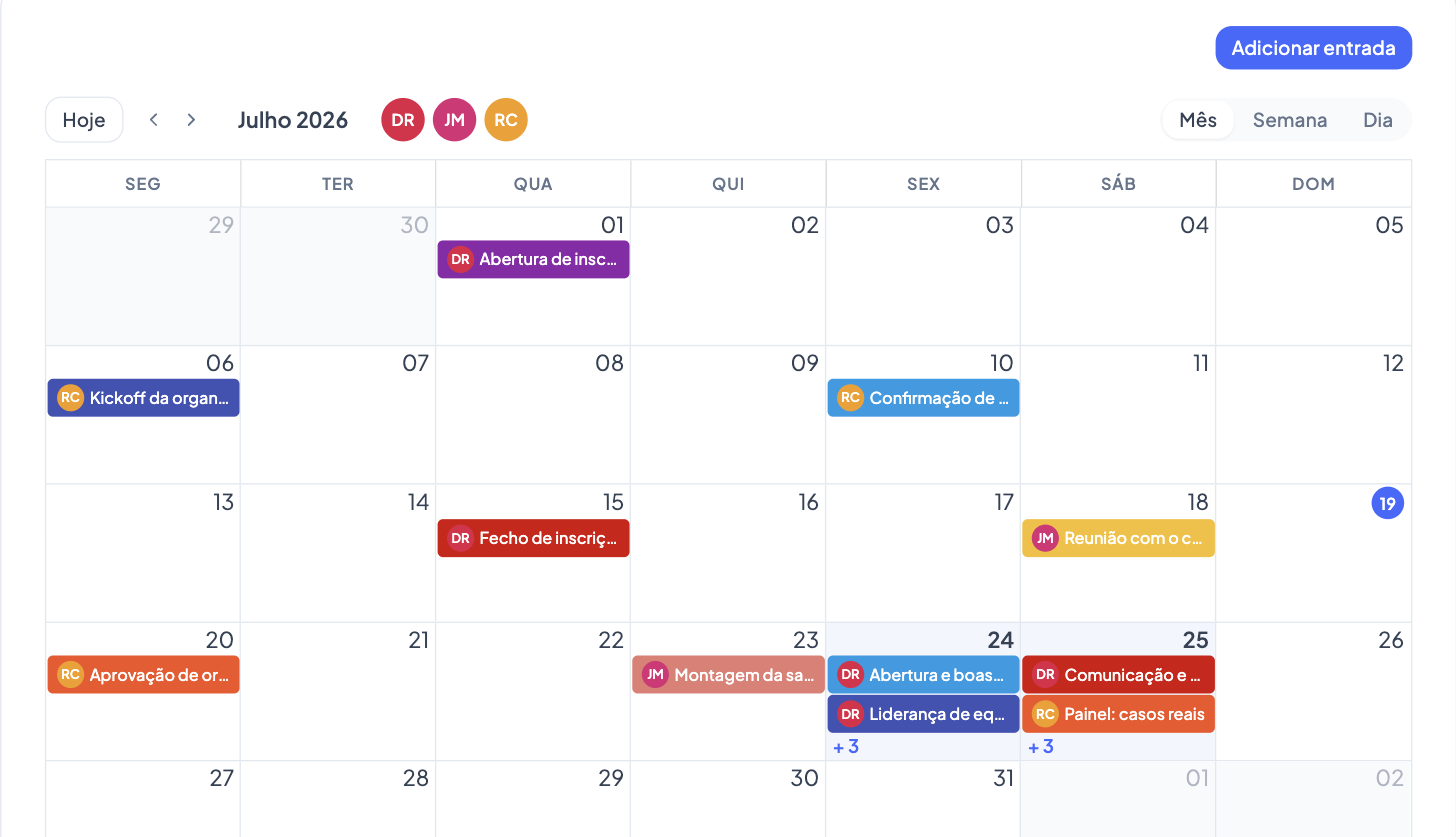Vista de mês da Agenda, com entradas coloridas e os dias do evento destacados
