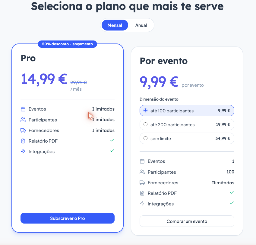 Ecrã Escolher plano: o cartão Pro com o desconto de lançamento e o cartão Por evento com o seletor de dimensão do evento