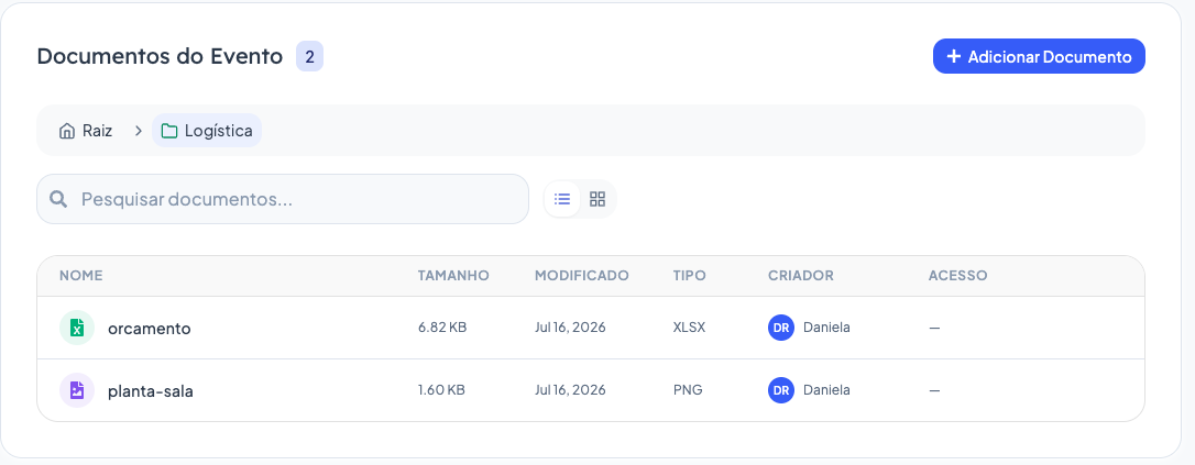 Interior de uma pasta do evento, com o caminho Raiz > Logística e dois documentos na tabela